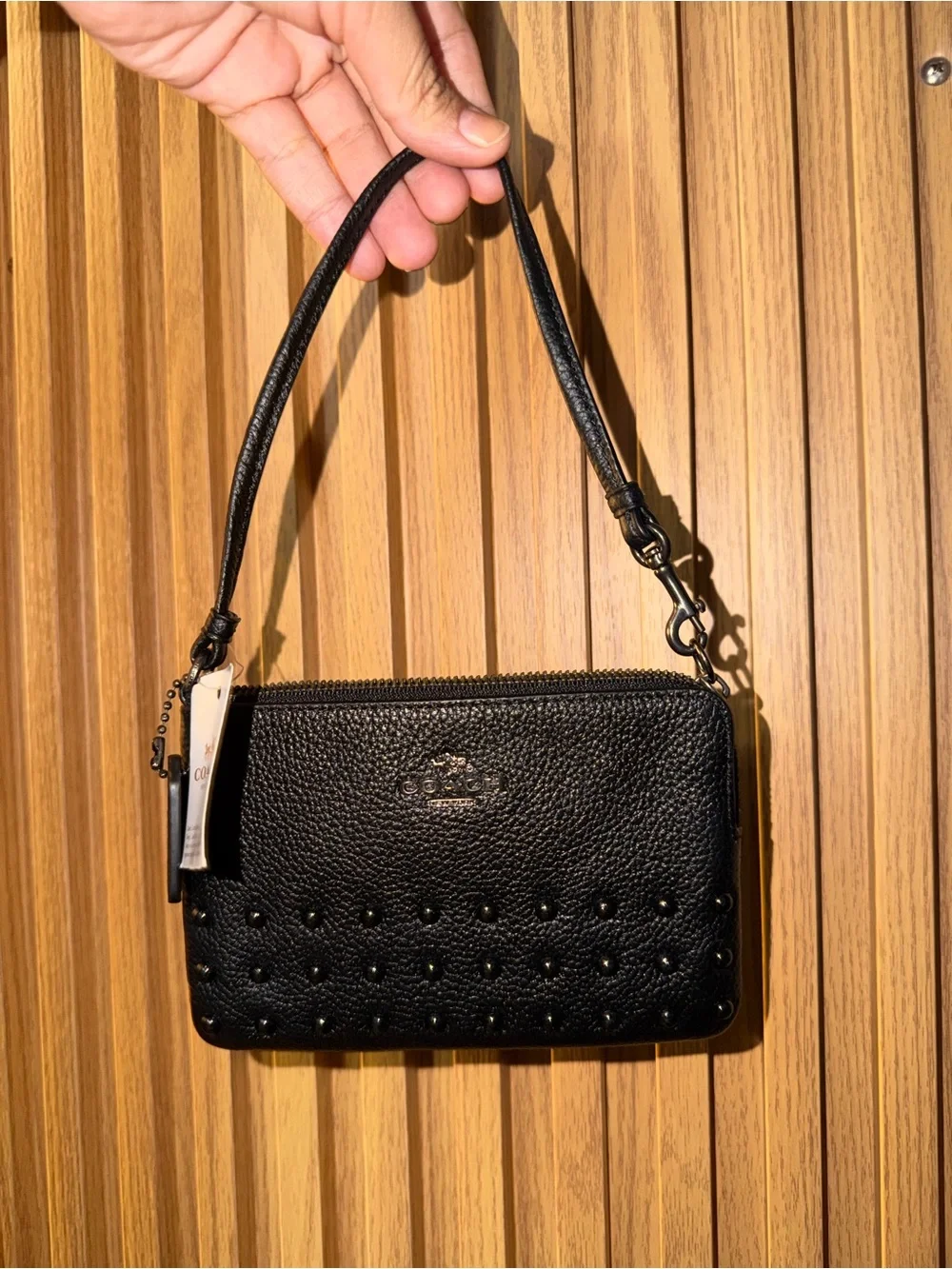 Coach Black Pebbled Leather Studded Mini Wristlet brand new